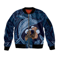 Father's Day Polynesian Pattern Sleeve Zip Bomber Jacket Tropical Humpback Whale - Navy