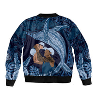 Father's Day Polynesian Pattern Sleeve Zip Bomber Jacket Tropical Humpback Whale - Navy