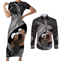 Father's Day Polynesian Pattern Couples Matching Short Sleeve Bodycon Dress and Long Sleeve Button Shirt Tropical Humpback Whale - Black