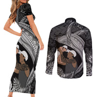 Father's Day Polynesian Pattern Couples Matching Short Sleeve Bodycon Dress and Long Sleeve Button Shirt Tropical Humpback Whale - Black