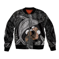 Father's Day Polynesian Pattern Sleeve Zip Bomber Jacket Tropical Humpback Whale - Black