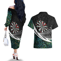 Personalized NZ Darts Couples Matching Off The Shoulder Long Sleeve Dress and Hawaiian Shirt Paua Shell Maori Koru Whakairo - Polynesian Pride