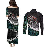 Personalized NZ Darts Couples Matching Puletasi and Long Sleeve Button Shirt Paua Shell Maori Koru Whakairo LT7 - Polynesian Pride