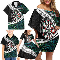 Personalized NZ Darts Family Matching Off Shoulder Short Dress and Hawaiian Shirt Paua Shell Maori Koru Whakairo LT7 - Polynesian Pride