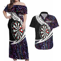 Personalized NZ Darts Couples Matching Off Shoulder Maxi Dress and Hawaiian Shirt Paua Shell Maori Koru Whakairo - Purple LT7 Purple - Polynesian Pride
