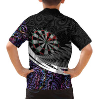 Personalized NZ Darts Family Matching Off The Shoulder Long Sleeve Dress and Hawaiian Shirt Paua Shell Maori Koru Whakairo - Purple - Polynesian Pride