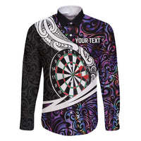 Personalized NZ Darts Family Matching Off Shoulder Maxi Dress and Hawaiian Shirt Paua Shell Maori Koru Whakairo - Purple LT7 Dad's Shirt - Long Sleeve Purple - Polynesian Pride