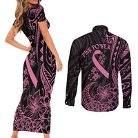 Polynesian Pink Power Couples Matching Short Sleeve Bodycon Dress and Long Sleeve Button Shirt Breast Cancer Ribbon Turtle and Flowers