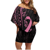 Polynesian Pink Power Family Matching Off Shoulder Short Dress and Hawaiian Shirt Breast Cancer Ribbon Turtle and Flowers LT7 Mom's Dress Pink - Polynesian Pride