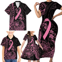 Polynesian Pink Power Family Matching Short Sleeve Bodycon Dress and Hawaiian Shirt Breast Cancer Ribbon Turtle and Flowers LT7 - Polynesian Pride