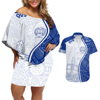 Personalised Queen Victoria School Couples Matching Off Shoulder Short Dress and Hawaiian Shirt QVS Old Boys LT7 White - Polynesian Pride