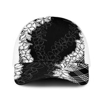 Hawaii Aloha Plumeria Lei Black Palaka Baseball Net Cap LT7 One Size White Black - Polynesian Pride