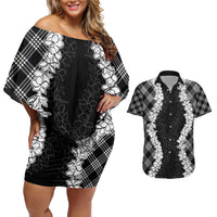 Hawaii Aloha Plumeria Lei Black Palaka Couples Matching Off Shoulder Short Dress and Hawaiian Shirt - Polynesian Pride