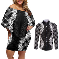 Hawaii Aloha Plumeria Lei Black Palaka Couples Matching Off Shoulder Short Dress and Long Sleeve Button Shirt - Polynesian Pride