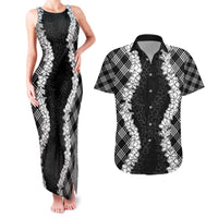 Hawaii Aloha Plumeria Lei Black Palaka Couples Matching Tank Maxi Dress and Hawaiian Shirt - Polynesian Pride