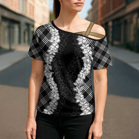 Hawaii Aloha Plumeria Lei Black Palaka Cross Shoulder Shirt - Polynesian Pride