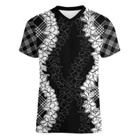 Hawaii Aloha Plumeria Lei Black Palaka Women V-Neck T-Shirt - Polynesian Pride
