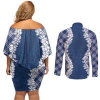 Hawaii Aloha Plumeria Lei Navy Palaka Couples Matching Off Shoulder Short Dress and Long Sleeve Button Shirt - Polynesian Pride