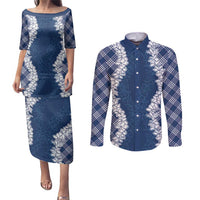 Hawaii Aloha Plumeria Lei Navy Palaka Couples Matching Puletasi and Long Sleeve Button Shirt - Polynesian Pride