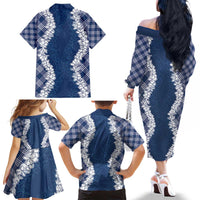 Hawaii Aloha Plumeria Lei Navy Palaka Family Matching Off The Shoulder Long Sleeve Dress and Hawaiian Shirt - Polynesian Pride