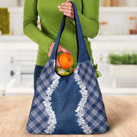 Hawaii Aloha Plumeria Lei Navy Palaka Grocery Bag - Polynesian Pride