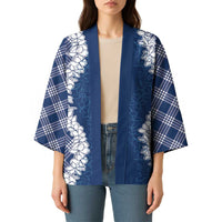 Hawaii Aloha Plumeria Lei Navy Palaka Kimono - Polynesian Pride