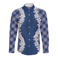 Hawaii Aloha Plumeria Lei Navy Palaka Long Sleeve Button Shirt - Polynesian Pride