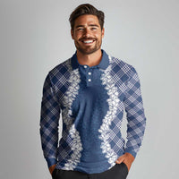 Hawaii Aloha Plumeria Lei Navy Palaka Long Sleeve Polo Shirt - Polynesian Pride