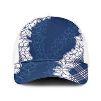 Hawaii Aloha Plumeria Lei Navy Palaka Mesh Trucker Cap LT7 One Size White Navy Blue - Polynesian Pride