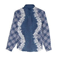 Hawaii Aloha Plumeria Lei Navy Palaka Women Casual Shirt - Polynesian Pride