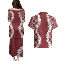 Hawaii Aloha Plumeria Lei Scarlet Palaka Couples Matching Puletasi and Hawaiian Shirt - Polynesian Pride