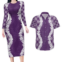 Hawaii Aloha Plumeria Lei Violet Palaka Couples Matching Long Sleeve Bodycon Dress and Hawaiian Shirt - Polynesian Pride