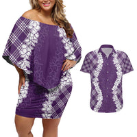 Hawaii Aloha Plumeria Lei Violet Palaka Couples Matching Off Shoulder Short Dress and Hawaiian Shirt - Polynesian Pride