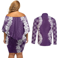 Hawaii Aloha Plumeria Lei Violet Palaka Couples Matching Off Shoulder Short Dress and Long Sleeve Button Shirt - Polynesian Pride