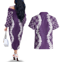 Hawaii Aloha Plumeria Lei Violet Palaka Couples Matching Off The Shoulder Long Sleeve Dress and Hawaiian Shirt - Polynesian Pride