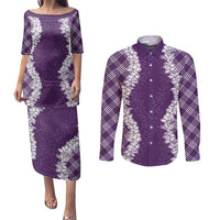Hawaii Aloha Plumeria Lei Violet Palaka Couples Matching Puletasi and Long Sleeve Button Shirt - Polynesian Pride