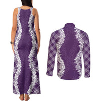 Hawaii Aloha Plumeria Lei Violet Palaka Couples Matching Tank Maxi Dress and Long Sleeve Button Shirt - Polynesian Pride
