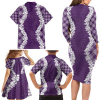 Hawaii Aloha Plumeria Lei Violet Palaka Family Matching Long Sleeve Bodycon Dress and Hawaiian Shirt - Polynesian Pride