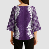 Hawaii Aloha Plumeria Lei Violet Palaka Kimono Sleeve Blouse - Polynesian Pride