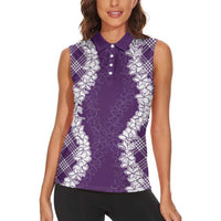 Hawaii Aloha Plumeria Lei Violet Palaka Women Sleeveless Polo Shirt - Polynesian Pride