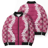 Hawaii Aloha Plumeria Lei Fuschia Palaka Bomber Puffer Jacket - Polynesian Pride