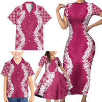Hawaii Aloha Plumeria Lei Fuschia Palaka Family Matching Short Sleeve Bodycon Dress and Hawaiian Shirt - Polynesian Pride
