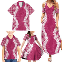 Hawaii Aloha Plumeria Lei Fuschia Palaka Family Matching Summer Maxi Dress and Hawaiian Shirt - Polynesian Pride
