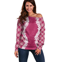 Hawaii Aloha Plumeria Lei Fuschia Palaka Off Shoulder Sweater - Polynesian Pride