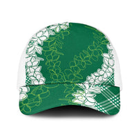 Hawaii Aloha Plumeria Lei Green Palaka Baseball Net Cap LT7 One Size White Green - Polynesian Pride