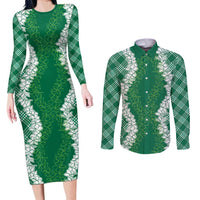 Hawaii Aloha Plumeria Lei Green Palaka Couples Matching Long Sleeve Bodycon Dress and Long Sleeve Button Shirt - Polynesian Pride