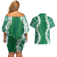 Hawaii Aloha Plumeria Lei Green Palaka Couples Matching Off Shoulder Short Dress and Hawaiian Shirt - Polynesian Pride