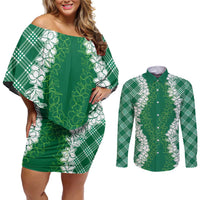Hawaii Aloha Plumeria Lei Green Palaka Couples Matching Off Shoulder Short Dress and Long Sleeve Button Shirt - Polynesian Pride