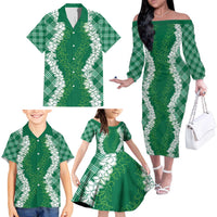 Hawaii Aloha Plumeria Lei Green Palaka Family Matching Off The Shoulder Long Sleeve Dress and Hawaiian Shirt - Polynesian Pride