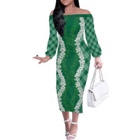 Hawaii Aloha Plumeria Lei Green Palaka Family Matching Off The Shoulder Long Sleeve Dress and Hawaiian Shirt - Polynesian Pride